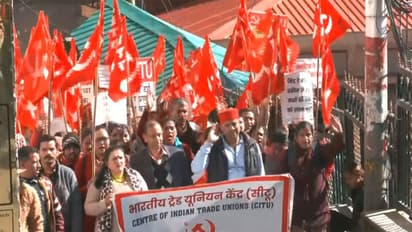 Visuals from protest against labour codes in Shimla (Photo/ANI)
