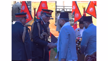 Indian Army Chief General Dhiraj Seth receives the Honorary Rank of General of the Nepali Army from Nepal President Ram Chandra Paudel at an Investiture Ceremony in Kathmandu. (Photo/ANI)