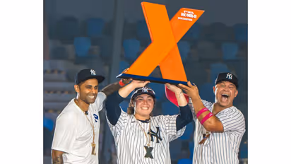 Suryakumar Yadav (left), Rachel Garcia (middle) and Nick Swisher (right) (Photo: Instagram/ @mlb.india)