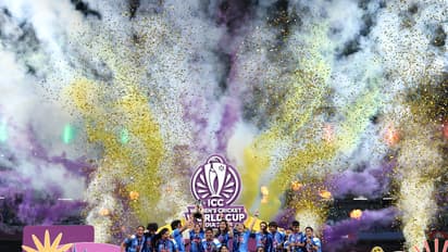 Team India celebrating with the World Cup trophy. (Photo: @BCCI Women X)