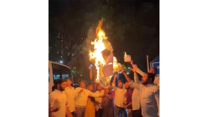 NSUI workers protest at Assam Bhawan (Photo/ANI)