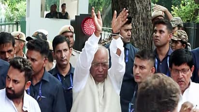 Congress President Mallikarjun Kharge during a protest at Lok Kalyan Marg, demanding the resignations of Prime Minister Narendra Modi and Education Minister Dharmendra Pradhan (Photo/ANI)