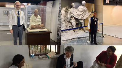 Danish Ambassador to India Rasmus Abildgaard Kristensen, Singapore High Commissioner Simon Wong and German envoy Jasper Wieck mark Gandhi Jayanti (Photos/X/@DenmarkinIndia, @SGinIndia, @GermanAmbIndia)
