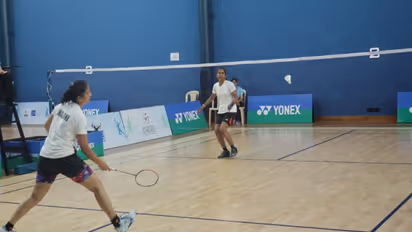 Ajita Ravindran (foreground) in action against Pooja Jhalani at 32nd GD Birla Memorial Open Veteran Masters Inter-Club Badminton Tournament (Image: GD Birla Memorial)