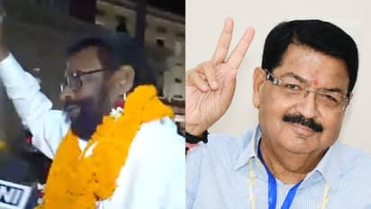 Baidyanath Ram (JMM) and Parimal Nathwani (NDA-backed) pose after securing their seats in the Upper House amid a high-stakes contest (Photo/ANI)