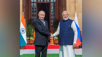 Prime Minister Narendra Modi greets Russian President Vladimir Putin ahead of the 23rd India-Russia annual summit at Hyderabad House on December 5, 2025 (Photo/ANI)