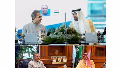 MoS MEA Kirti Vardhan Singh with Saudi Arabian ministers (Photos/X@KVSinghMPGonda)