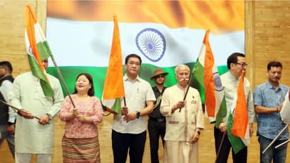 Arunanchal Pradesh CM Pema Khandu and Deputy CM Chowna Mein with Governor Lt Gen KT Parnaik (Photo/ANI))
