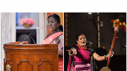 President of India, Droupadi Murmu (L) legendary Pandavani exponent Teejan Bai (R) (Photos/ANI/X/@KedarKashyapBJP)