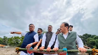 Union Minister JP Nadda and Assam CM Himanta Biswa Sarma visit the flood-affected Nepalikhuti area (Photo/ANI)