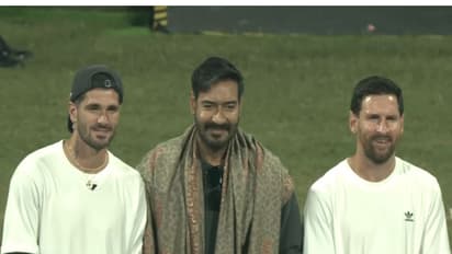 Rodrigo de Paul, Ajay Devgn and Lionel Messi (Photo/ANI)