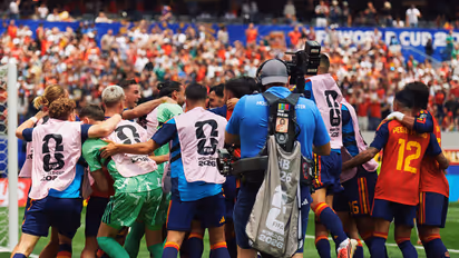Spain players celebrating after 2-1 win over Belgium in QF. (Photo: X/@SEFutbol)