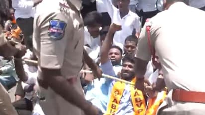 ABVP activists stage protest in Hyderabad against high private school fees (Photo/ANI)