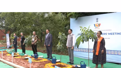 Union Minister Mansukh Mandaviya plants saplings with BRICS delegates (Photo/ANI)