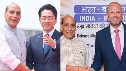 Defence Minister Rajnath Singh and his Japanese and Belgian counterparts Shinjiro Rokoiz and Theo Francken (Photos/X/@rajnathsingh)