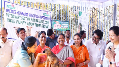Telangana Minister Konda Surekha and Rajya Sabha MP Renuka Chowdhury participates in street dog adoption programme near KBR National Park (Photo/x/@GHMCOnline)