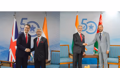 EAM Jaishankar holds bilateral meetings with UK Foreign Secretary Edward Miliband (On Left) and Oman's Foreign Minister Sayyid Badr bin Hamad Al Busaidi (Photo/X/@DrSJaishankar)
