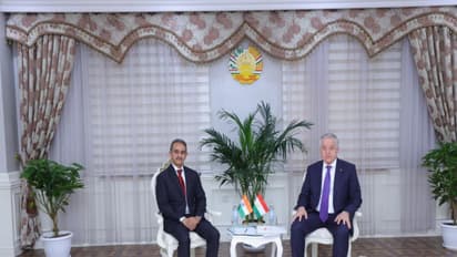 Union Minister of State for External Affairs Kirti Vardhan Singh with Sirojiddin Muhriddin, Minister of Foreign Affairs of Tajikistan (Photo: X@KVSinghMPGonda)