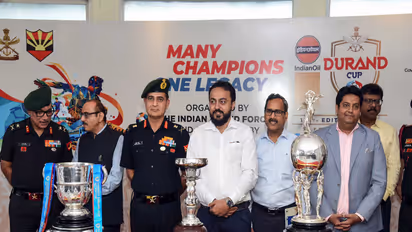 Bengal Minister Indranil Khan and Lieutenant General Gambhir Singh during the 135th Durand Cup 2026 Trophy Showcase. (Photo/ANI)