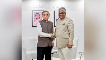 Union Environment Minister Bhupender Yadav with China's special envoy for climate change Liu Zhenmin (Photo: @byadavbjp/X)