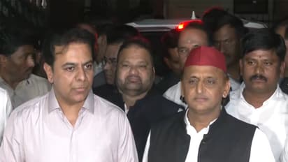 Telangana BRS working President K.T. Rama Rao with SP chief Akhilesh Yadav in Hyderabad. (Photo/ANI)