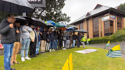PoJK activists protest outside the Pakistani Consulate in Bradford, UK, demanding justice for victims of a violent military crackdown. (Photo/ANI)