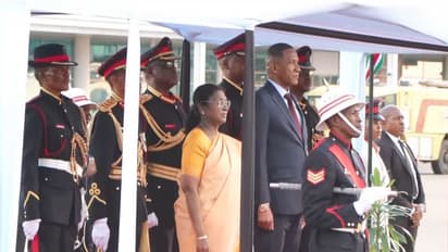 President Droupadi Murmu receives a ceremonial welcome in Gaborone, marking the first-ever state visit by an Indian head of state to Botswana. (Photo/ANI)