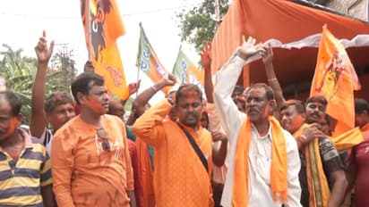 BJP workers celebrating with colours, distributing sweets (Photo/ANI)