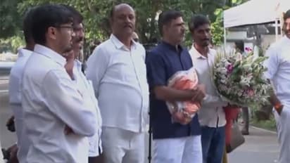 Karnataka Deputy CM DK Shivakumar supporters outside his residence (Photo/ANI)