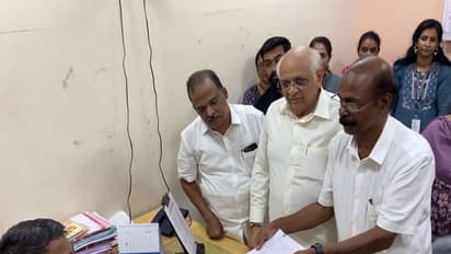 NDA candidate from Nattika C C Mukundan with Gujarat Chief Minister Bhupendra Patel and BJP city district President Justin Jacob (Photo/ANI)