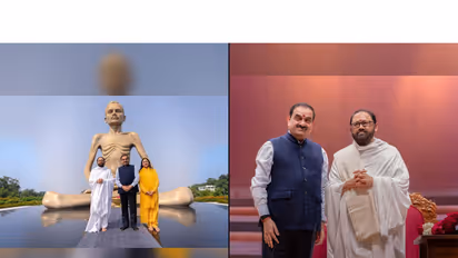 Gautam Adani and wife Priti Adani seek blessings from Gurudevshri Rakeshji in Dharampur, Gujarat (Image Courtesy: Adani Group)