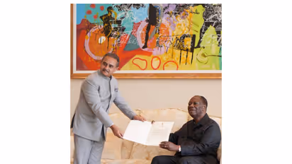 Minister of State for External Affairs Kirti Vardhan Singh called on President of Côte d’Ivoire Alassane Ouattara during his official visit to attend the nation's 66th National Day celebrations. (Photo: X/@KVSinghMPGonda)
