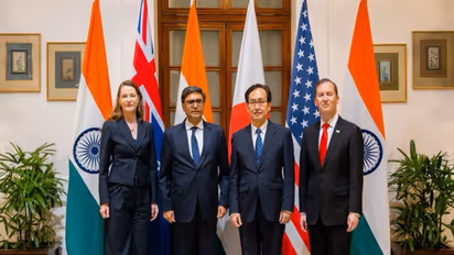 US Ambassador to India Sergio Gor, Australian Deputy Secretary Elly Lawson, Senior Deputy Minister Hiroyuki Namazu, and Foreign Secretary Vikram Misri at Sherpa meeting (Photo/X/@USAmbIndia)