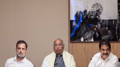 Congress MP Rahul Gandhi, party president Mallikarjun Kharge and General Secretary (O) KC Venugopal (Photo/ANI)