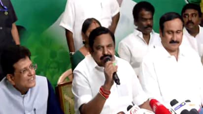 AIADMK General Secretary Edapaddi Palaniswami (C) during press conference with Union Minister Piyush Goyal (L) and PMK chief Anbumani Ramadoss (R) (Photo/ANI)