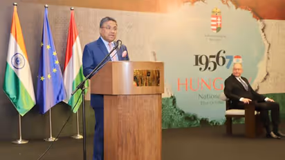 Sibi George, Secretary (West) in the Ministry of External Affairs, addresses Hungary’s National Day celebrations. (Photo: X/@MEAIndia)