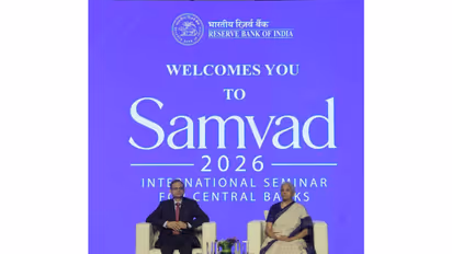 RBI Governor Sanjay Malhotra and Finance Minister Nirmala Sitharaman at SAMVAD 2026 in New Delhi (Photo/X@RBI)
