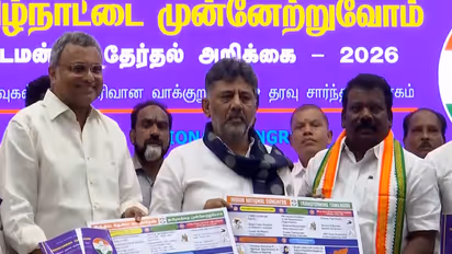 Karnataka Deputy CM DK Shivakumar, Congress MP Karti Chidambaram, and State Congress chief K Selvaperunthagai unveils Congress Tamil Nadu manifesto (Photo/ANI)