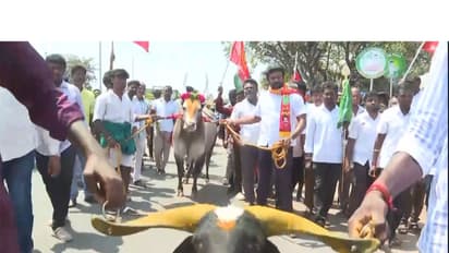 Naam Tamilar Katchi (NTK) candidate Jallikattu Rajesh, contesting from the Thiruverumbur Assembly constituency, filed his nomination (Photo/ANI)