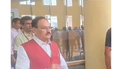 JP Nadda leaves from RML hospital (Photo/ANI)