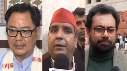 Union Minister Kiren Rijiju (L), SP MP Dharmendra Yadav (C) and CPI MP John Brittas (R) (Photo/ANI)
