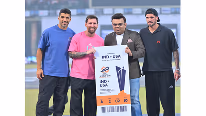 Jay Shah, Luis Suarez, Rodrigo De Paul and Lionel Messi. (Photo: Messi GOAT Tour Delhi)