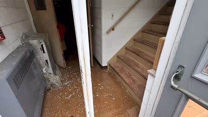 Shattered glass and scattered bricks litter the entryway of the Shree Swaminarayan Vadtal Dham Hindu Mandir in Richmond Heights, Ohio, following an attack on the temple. (Photo: X/@HinduAmerican)