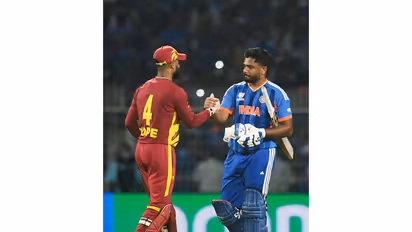 Shai Hope (Left) shaking hands with Sanju Samson (Right) (Photo: ANI)