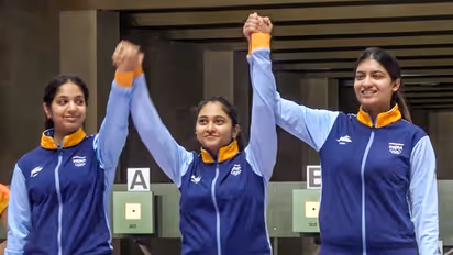 Indian shooting team athletes Ramita, Mehuli Ghosh and Ashi Choukseyat 2023 Asian Games. (ANI Photo)