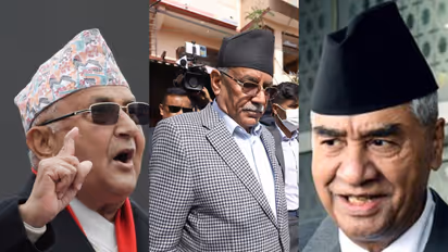 CPN-UML chair KP Sharma Oli, Nepali Communist Party Chair Pushpa Kamal Dahal, and Nepali Congress president Sher Bahadur Deuba (Photo/ANI)