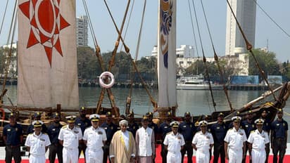 Crew of Kaundinya with RRM Sanjay Seth, C-in-C WNC Vice Admiral K Swaminathan and others (Photo/ANI)