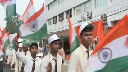 Students participate in the Tiranga Yatra in Gorakhpur ahead of Independence Day. (Photo: ANI)