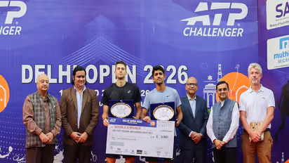 Siddhant Banthia and Alexander Donski lifting Delhi Open 2026 men's doubles title (Image: ATP)