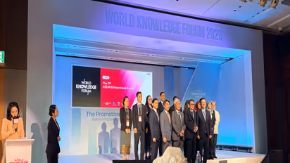Delegates and awardees pose on stage during the 27th World Knowledge Forum in Seoul. (Photo/ANI)